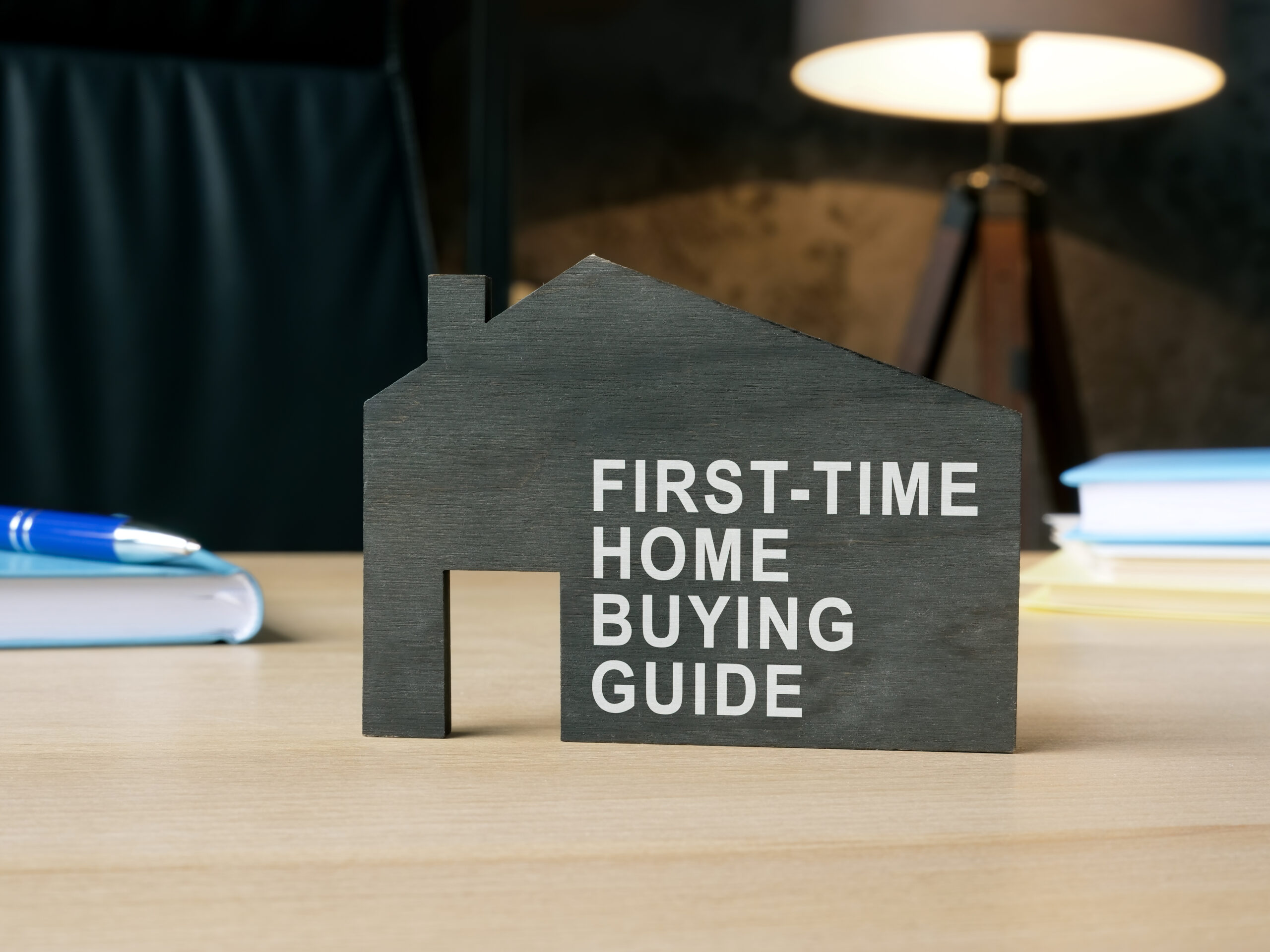 Dark model of home with sign first-time home buying guide.