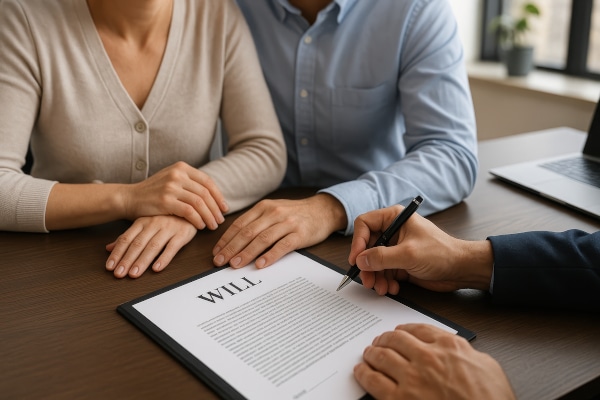 Photo ofr a couple meeting with their solicitor to sign their Wills
