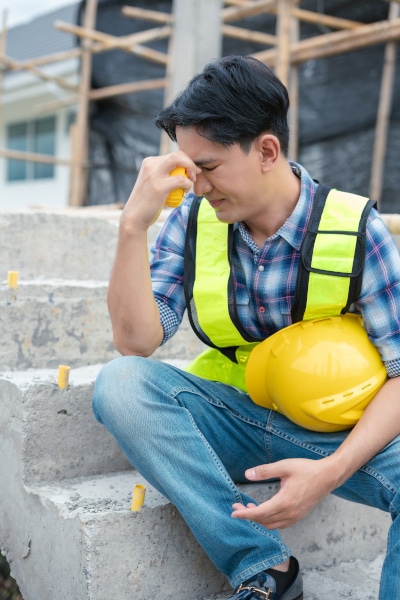 Worker sits on a step on a site with his hard had under his arm whilst looking upset and pinching the top of his nose after being made redundant